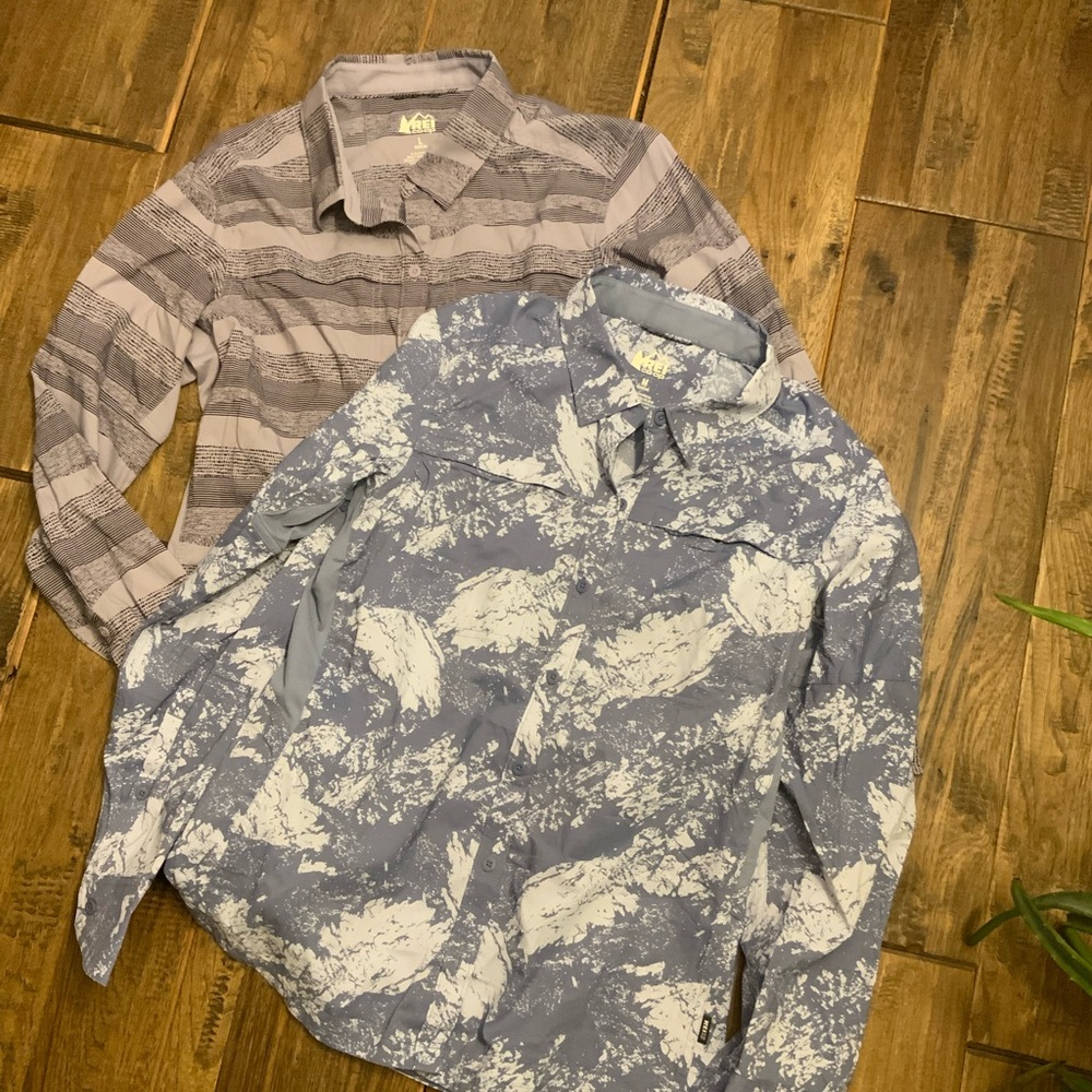 REI ladies button down. Two sizes available. Gray is M and lavender is L